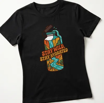 Colorful retro design with a water bottle, river, and mountains alongside the text Stay Wild, Stay Hydrated. — printed on a women's shirt