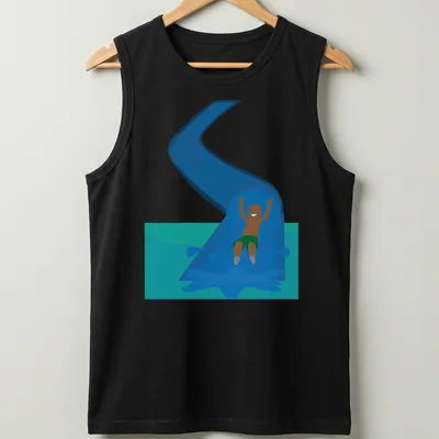 Illustration of a happy child sliding down a water slide in bright colors — printed on a tank top