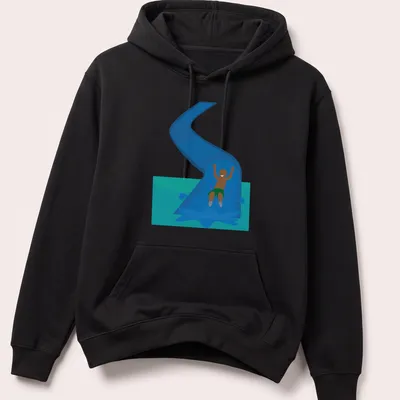 Illustration of a happy child sliding down a water slide in bright colors — printed on a unisex hoodie