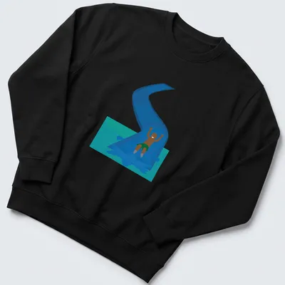 Illustration of a happy child sliding down a water slide in bright colors — printed on a unisex sweatshirt