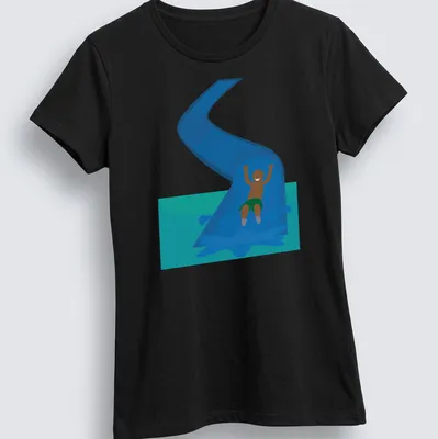 Illustration of a happy child sliding down a water slide in bright colors — printed on a women's shirt