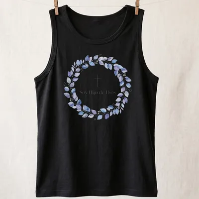 Watercolor design featuring cross and leaves with text 'Soy Hijo de Dios' in purple, blue, green, and white — printed on a tank top