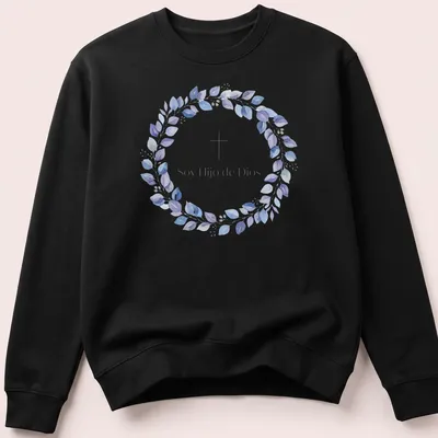 Watercolor design featuring cross and leaves with text 'Soy Hijo de Dios' in purple, blue, green, and white — printed on a unisex sweatshirt