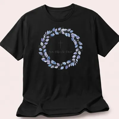 Watercolor design featuring cross and leaves with text 'Soy Hijo de Dios' in purple, blue, green, and white — printed on a unisex t-shirt