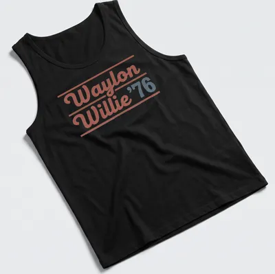 Vintage t-shirt featuring Waylon and Willie in a retro style with red, blue, and white colors — printed on a tank top