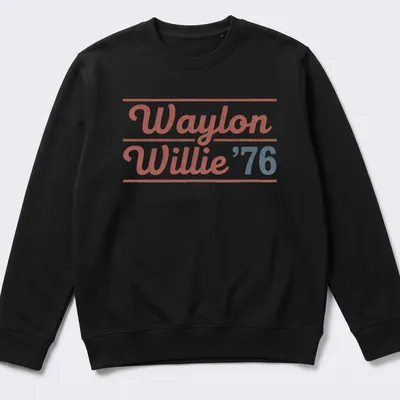 Vintage t-shirt featuring Waylon and Willie in a retro style with red, blue, and white colors — printed on a unisex sweatshirt