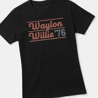 Vintage t-shirt featuring Waylon and Willie in a retro style with red, blue, and white colors — printed on a women's shirt