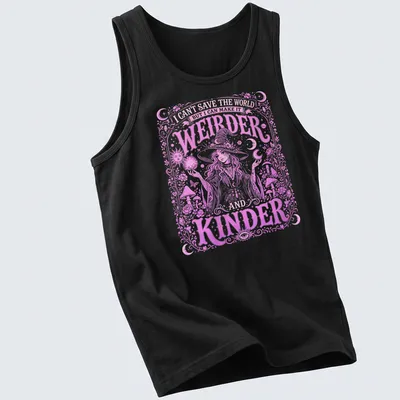 Bohemian witch graphic with the text about making the world weirder and kinder in pink, white, and purple — printed on a tank top