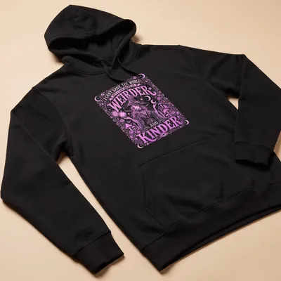 Bohemian witch graphic with the text about making the world weirder and kinder in pink, white, and purple — printed on a unisex hoodie