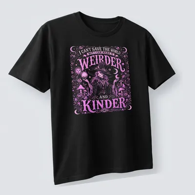 Bohemian witch graphic with the text about making the world weirder and kinder in pink, white, and purple — printed on a unisex t-shirt (angled view)