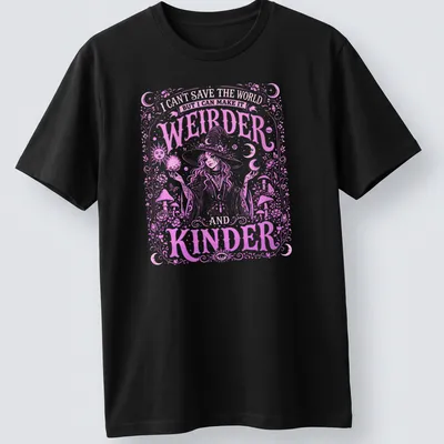 Bohemian witch graphic with the text about making the world weirder and kinder in pink, white, and purple