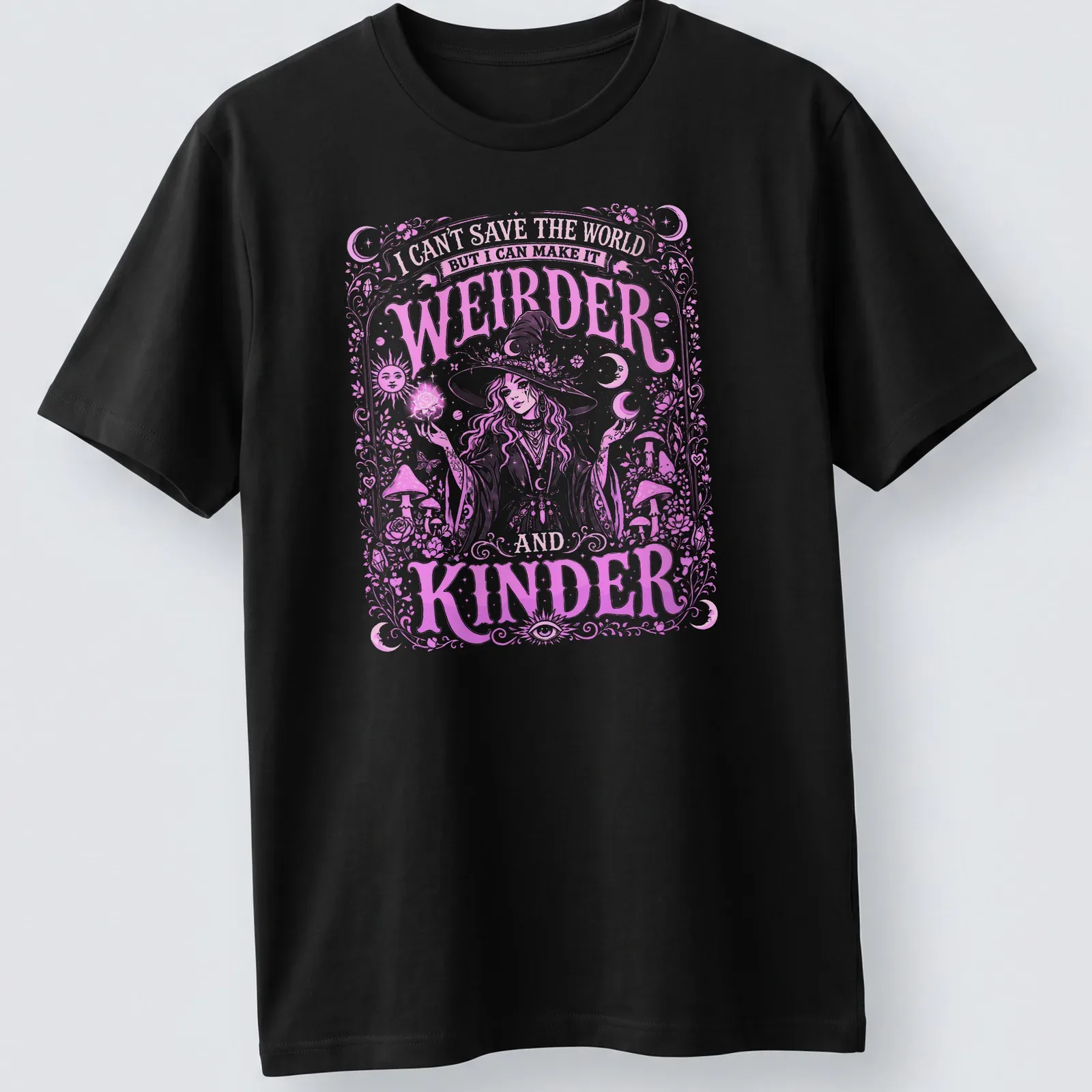 Bohemian witch graphic with the text about making the world weirder and kinder in pink, white, and purple — printed on a unisex t-shirt