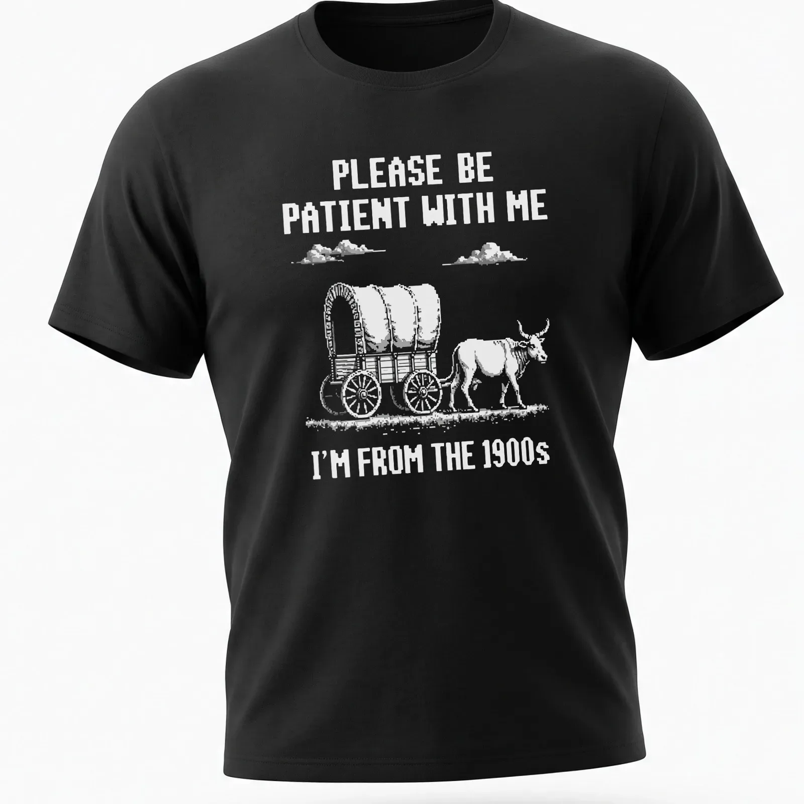 Vintage western design featuring a wagon with oxen and humorous text about patience — printed on a unisex t-shirt