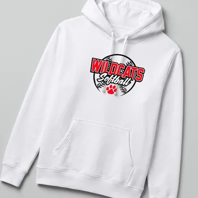 Wildcats Softball team logo t-shirt in red, black, and white with a fierce wildcat design — printed on a unisex hoodie