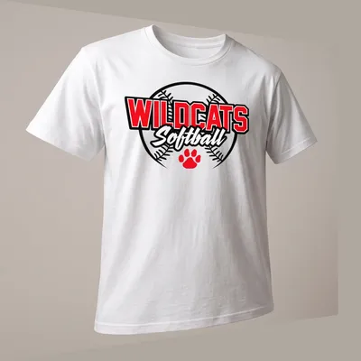 Wildcats Softball team logo t-shirt in red, black, and white with a fierce wildcat design — printed on a unisex t-shirt (angled view)