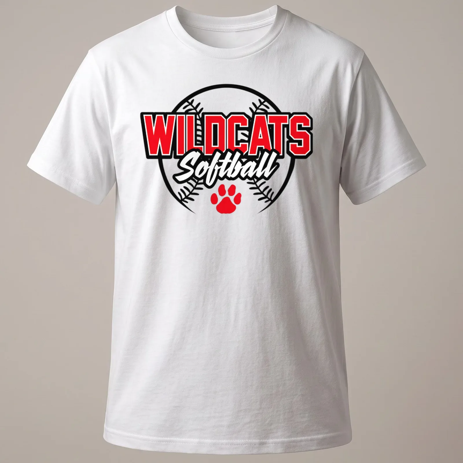 Wildcats Softball team logo t-shirt in red, black, and white with a fierce wildcat design — printed on a unisex t-shirt