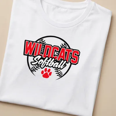 Wildcats Softball team logo t-shirt in red, black, and white with a fierce wildcat design — printed on a women's shirt