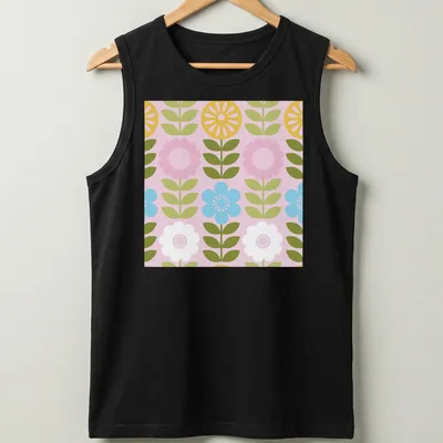 Illustration of wildflowers in pink, yellow, green, blue, and white in a mod Scandi style — printed on a tank top