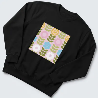 Illustration of wildflowers in pink, yellow, green, blue, and white in a mod Scandi style — printed on a unisex sweatshirt