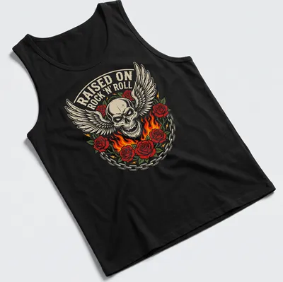 Winged skull with roses and flames on a vintage rock art tee in beige, red, green, and black. — printed on a tank top
