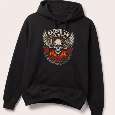 Winged skull with roses and flames on a vintage rock art tee in beige, red, green, and black. — printed on a unisex hoodie