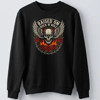 Winged skull with roses and flames on a vintage rock art tee in beige, red, green, and black. — printed on a unisex sweatshirt
