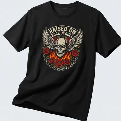 Winged skull with roses and flames on a vintage rock art tee in beige, red, green, and black.