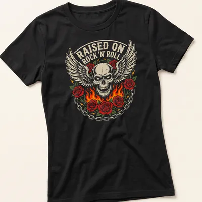 Winged skull with roses and flames on a vintage rock art tee in beige, red, green, and black. — printed on a women's shirt