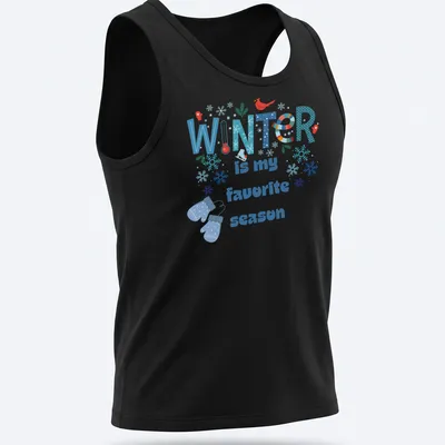 Colorful winter-themed T-shirt featuring snowflakes and mittens with the text 'WINTER is my favorite season' — printed on a tank top