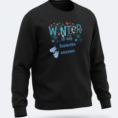 Colorful winter-themed T-shirt featuring snowflakes and mittens with the text 'WINTER is my favorite season' — printed on a unisex sweatshirt