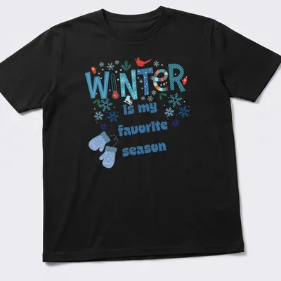 Colorful winter-themed T-shirt featuring snowflakes and mittens with the text 'WINTER is my favorite season'