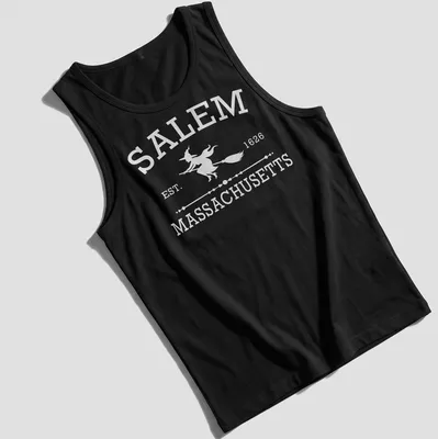 Vintage-style graphic of a witch with text 'Salem Massachusetts Est 1626' in white — printed on a tank top