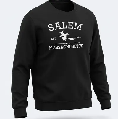 Vintage-style graphic of a witch with text 'Salem Massachusetts Est 1626' in white — printed on a unisex sweatshirt