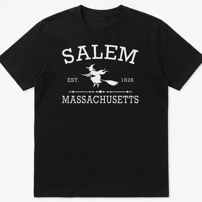 Vintage-style graphic of a witch with text 'Salem Massachusetts Est 1626' in white