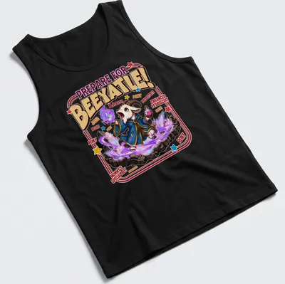 Cartoon wizard goat design with colorful text and whimsical style — printed on a tank top