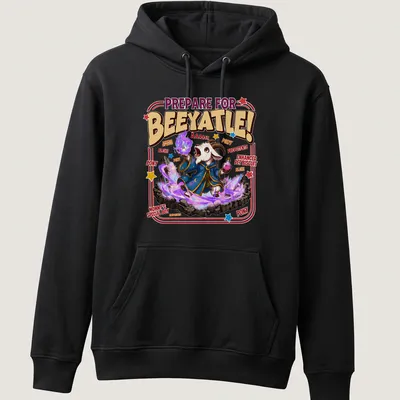Cartoon wizard goat design with colorful text and whimsical style — printed on a unisex hoodie