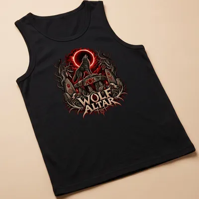 Dark fantasy T-shirt featuring a fierce wolf with the text WOLF ALTAR — printed on a tank top