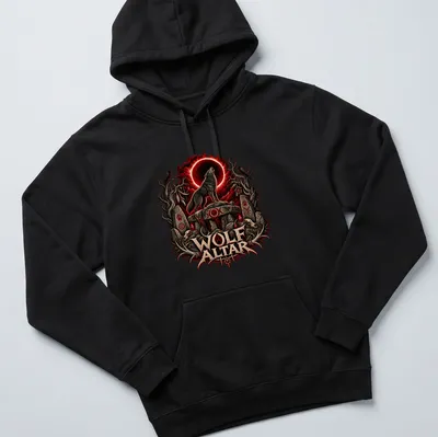 Dark fantasy T-shirt featuring a fierce wolf with the text WOLF ALTAR — printed on a unisex hoodie