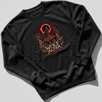 Dark fantasy T-shirt featuring a fierce wolf with the text WOLF ALTAR — printed on a unisex sweatshirt