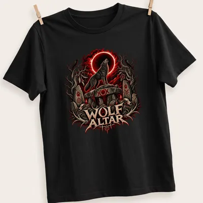 Dark fantasy T-shirt featuring a fierce wolf with the text WOLF ALTAR
