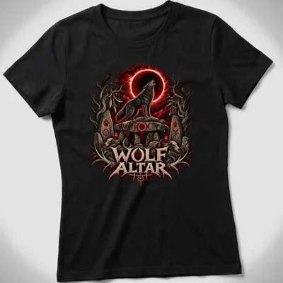 Dark fantasy T-shirt featuring a fierce wolf with the text WOLF ALTAR — printed on a women's shirt