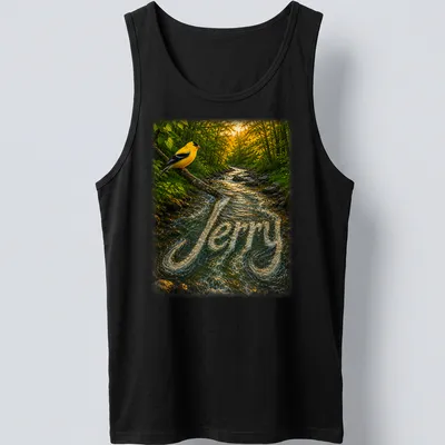 Realistic print of a yellow bird on a branch with the name 'Jerry' beneath it — printed on a tank top