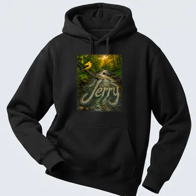 Realistic print of a yellow bird on a branch with the name 'Jerry' beneath it — printed on a unisex hoodie