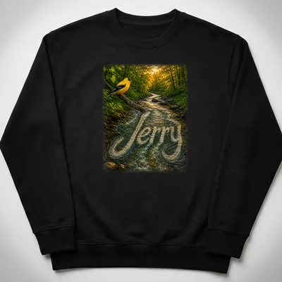 Realistic print of a yellow bird on a branch with the name 'Jerry' beneath it — printed on a unisex sweatshirt