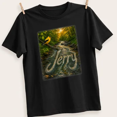 Realistic print of a yellow bird on a branch with the name 'Jerry' beneath it — printed on a unisex t-shirt
