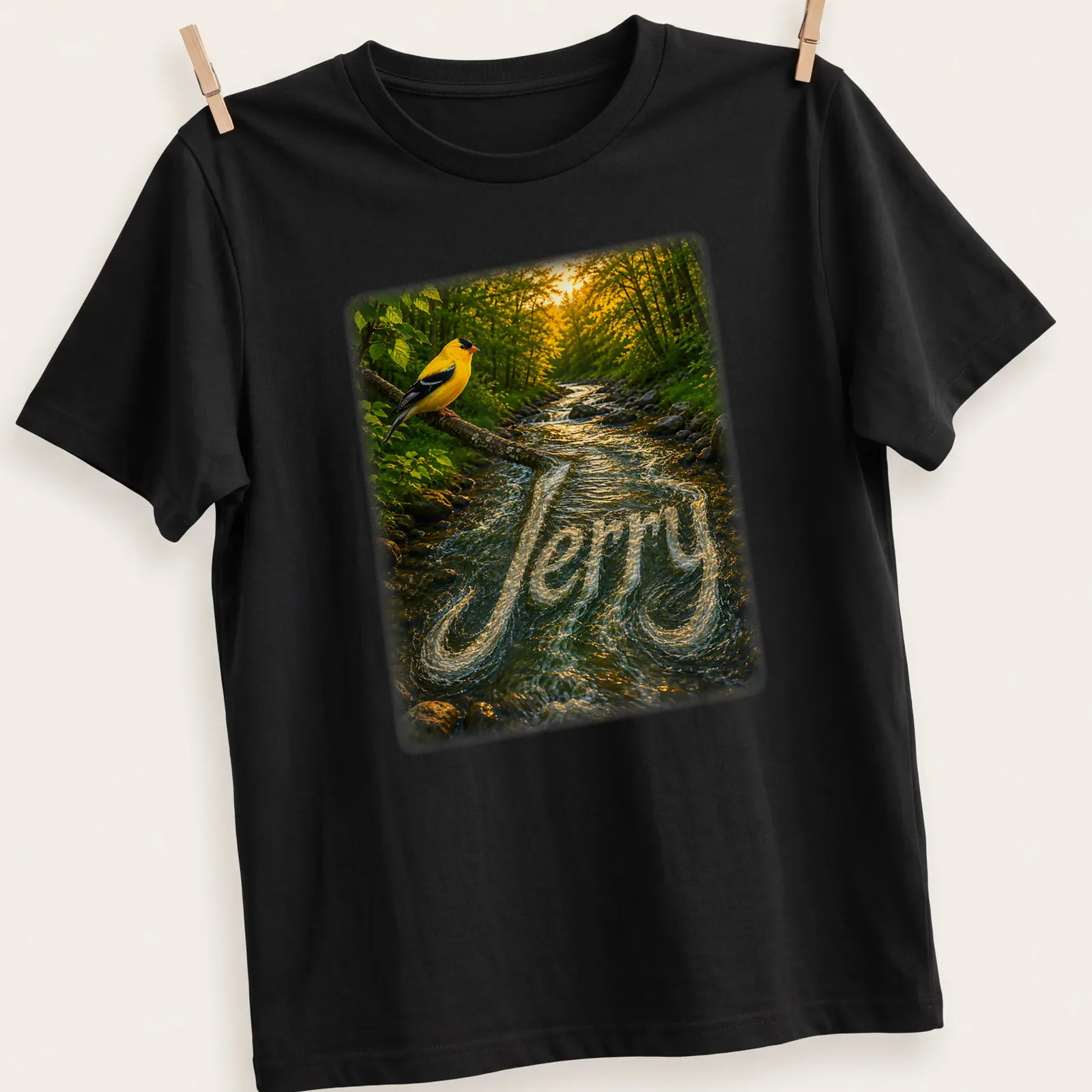 Realistic print of a yellow bird on a branch with the name 'Jerry' beneath it — printed on a unisex t-shirt