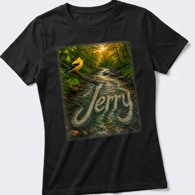 Realistic print of a yellow bird on a branch with the name 'Jerry' beneath it — printed on a women's shirt