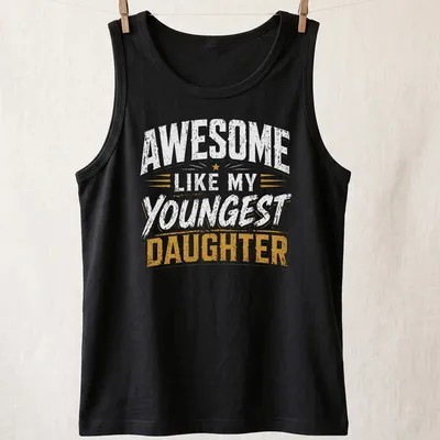 Distressed vintage T-shirt with the text 'AWESOME like my YOUNGEST DAUGHTER' in white and gold. — printed on a tank top