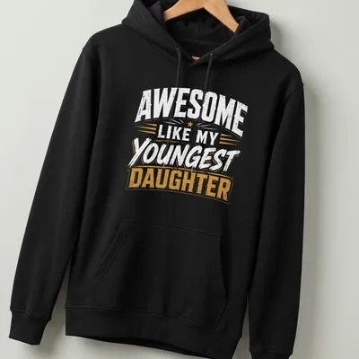 Distressed vintage T-shirt with the text 'AWESOME like my YOUNGEST DAUGHTER' in white and gold. — printed on a unisex hoodie