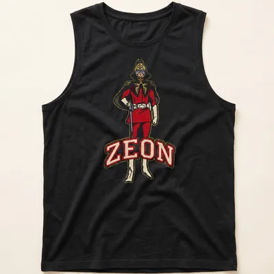Bold Char Aznable graphic with ZEON text in red, gold, and black — printed on a tank top